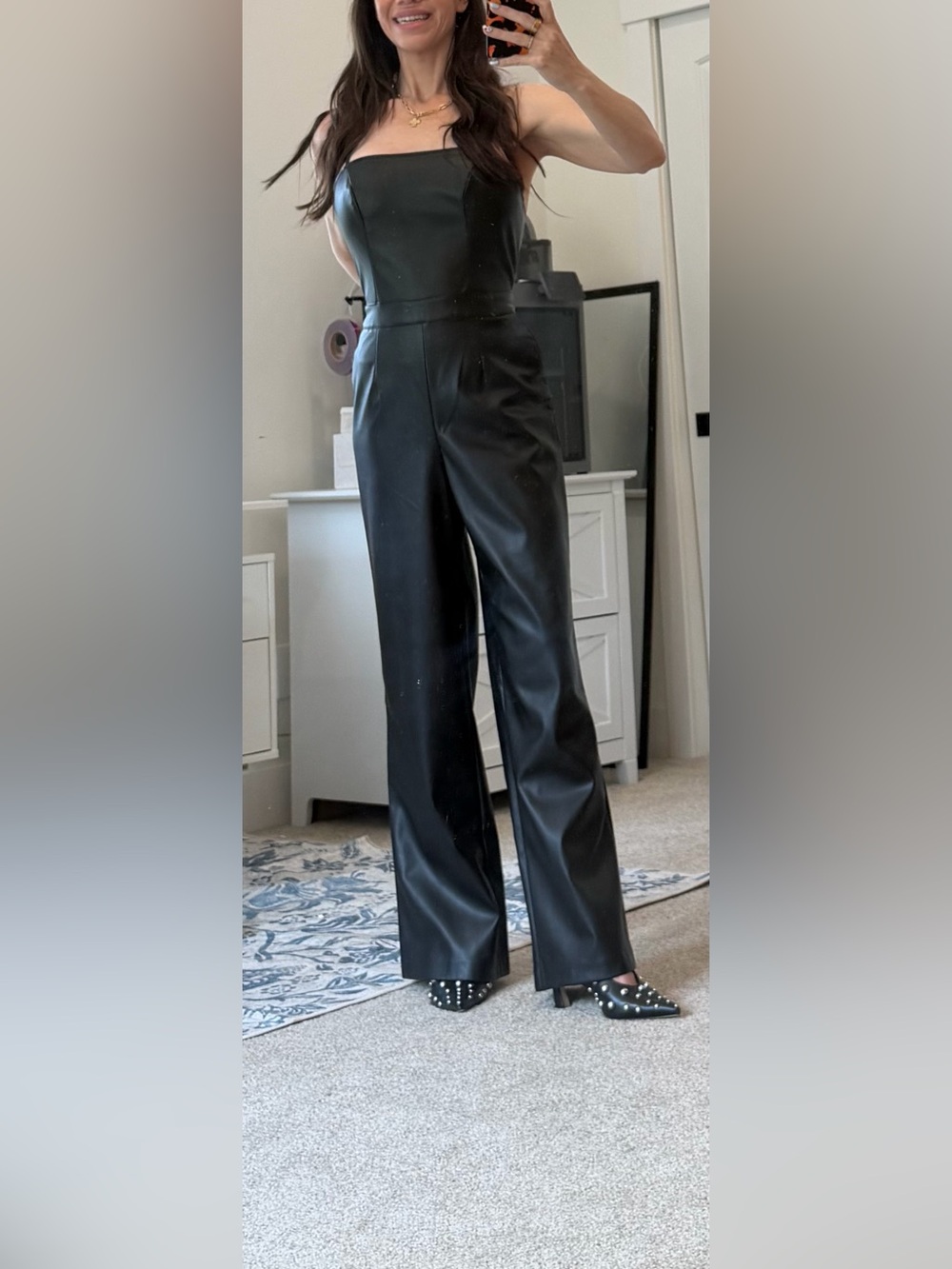 BCBGeneration XS Black Faux Leather Wide Leg Jumpsuit. Vegan Leather Square Neck